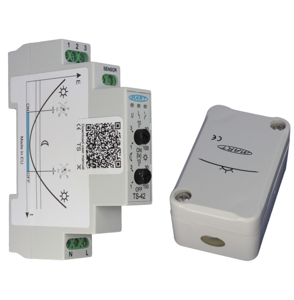 TS-42-4 - Dämmerungsschalter 230V - Hutschiene - 2 Schaltpegel - Sensorbox(Gummitülle) - MART-Electronics